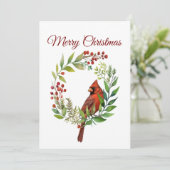 Watercolor Red Cardinal Bird Wreath Christmas Feestdagenkaart (Staand voorkant)