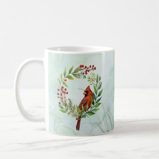 Watercolor Red Cardinal Bird Wreath Christmas Koffiemok (Links)