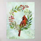 Watercolor Red Cardinal Bird Wreath Christmas Poster (Voorkant)