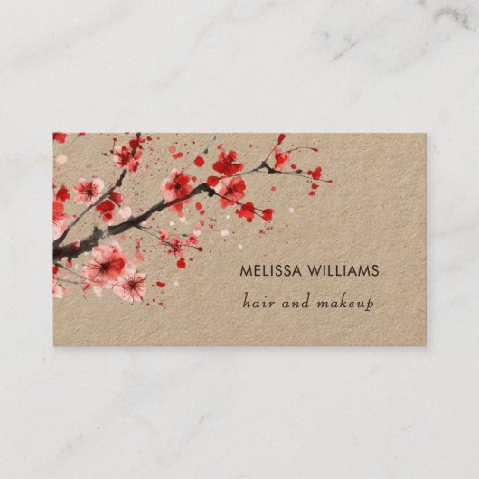 Watercolor Red Cherry Blossoms Kraft Paper Visitekaartje (Voorkant)