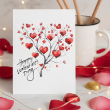 Watercolor Red Hearts Love Tree Valentine's Day