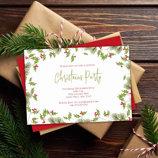 Watercolor Red Holly Christmas Party Custom Kaart