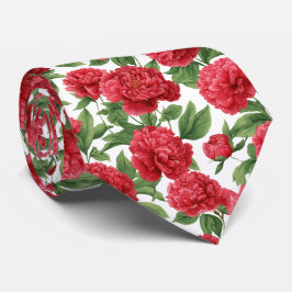 Watercolor Red Peony Floral Pattern Stropdas
