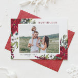 Watercolor Red Poinsettias and Fir Leaves Photo Feestdagen Kaart<br><div class="desc">Happy Holidays! Send holiday wishes and greetings to family and friends with this customizable watercolor holiday photo card. It features watercolor pinecones,  pine needles,  hollies,  berries and red poinsettias. Personalize by adding names,  message,  photo and other deails. This floral holiday card is available in other cardstock.</div>