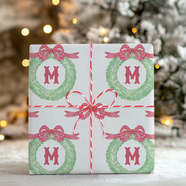 Watercolor Red Polka Dot Bow Monogram Wreath Cadeaupapier