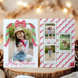 Watercolor Red Polka Dot Bow Swag Christmas Photo Feestdagenkaart