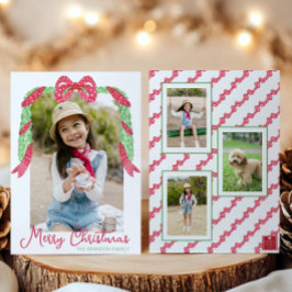 Watercolor Red Polka Dot Bow Swag Christmas Photo Feestdagenkaart