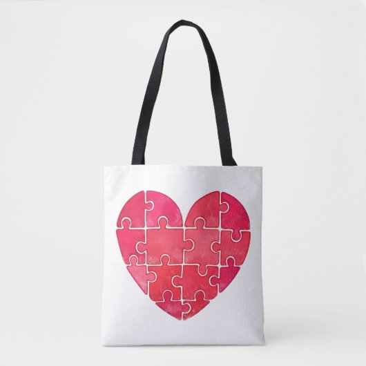 Watercolor red puzzle heart, red hearts pattern tote bag (Voorkant)
