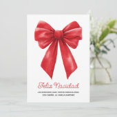 Watercolor Red Ribbon Feliz Navidad Feestdagenkaart (Staand voorkant)