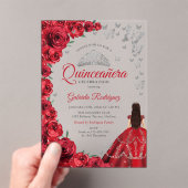 Watercolor Red Roses Silver Quinceanera Acryl Uitnodigingen (Insitu (Draagbaar))