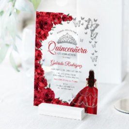 Watercolor Red Roses Silver Quinceanera Acryl Uitnodigingen