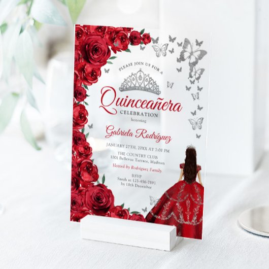 Watercolor Red Roses Silver Quinceanera Acryl Uitnodigingen