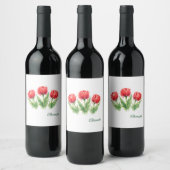 Watercolor Red Tulips  Wijn Etiket (Flessen)