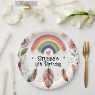 Watercolor Regenboog Vogel & Veren Boho Verjaardag Papieren Bordje