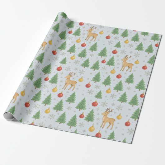 Watercolor Reindeer & Christmas Tree -  Cadeaupapier (Uitgerold)