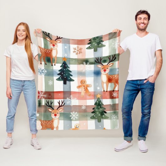 Watercolor Reindeer Gingerbread Man Snowflake Tree Fleece Deken (In situ)