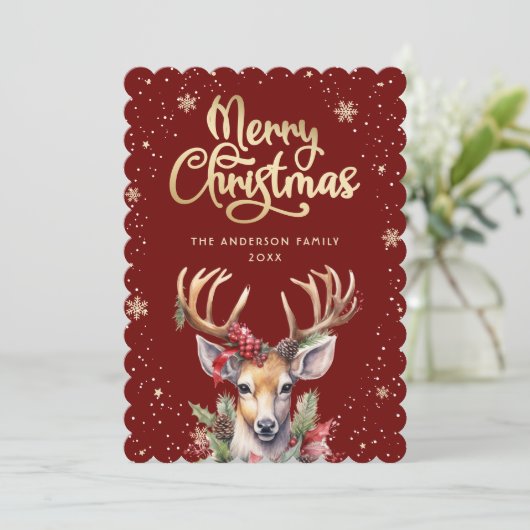 Watercolor Reindeer Red Gold Christmas Card Feestdagenkaart (Staand voorkant)