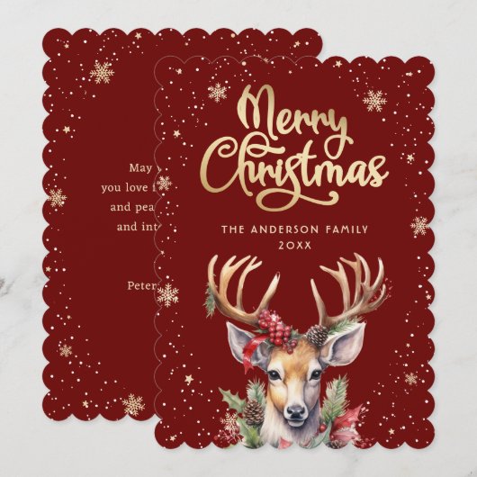 Watercolor Reindeer Red Gold Christmas Card Feestdagenkaart (Voorkant / Achterkant)
