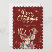 Watercolor Reindeer Red Gold Christmas Card Feestdagenkaart (Voorkant)