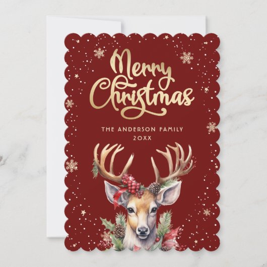 Watercolor Reindeer Red Gold Christmas Card Feestdagenkaart (Voorkant)