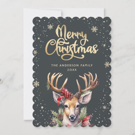 Watercolor Reindeer Snowflake Christmas Card Feestdagenkaart (Voorkant)