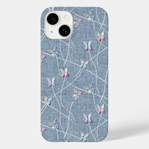 Watercolor Reliëf Vlinders op Denim Blauwe Linnen Case-Mate iPhone 14 Hoesje