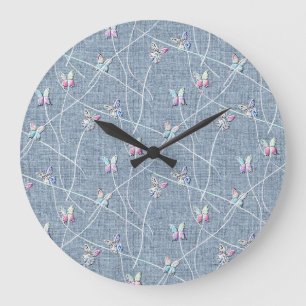 Watercolor Reliëf Vlinders op Denim Blauwe Linnen Grote Klok