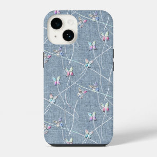 Watercolor Reliëf Vlinders op Denim Blauwe Linnen iPhone 14 Hoesje