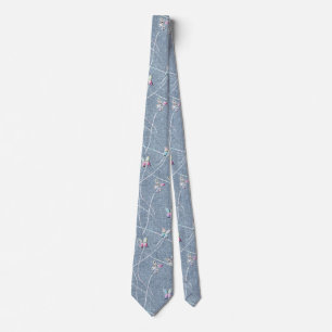 Watercolor Reliëf Vlinders op Denim Blauwe Linnen Stropdas