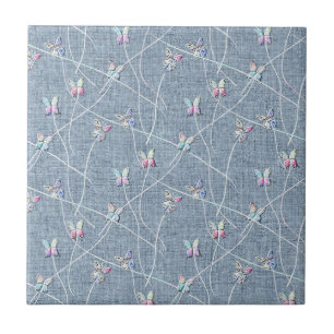Watercolor Reliëf Vlinders op Denim Blauwe Linnen Tegeltje