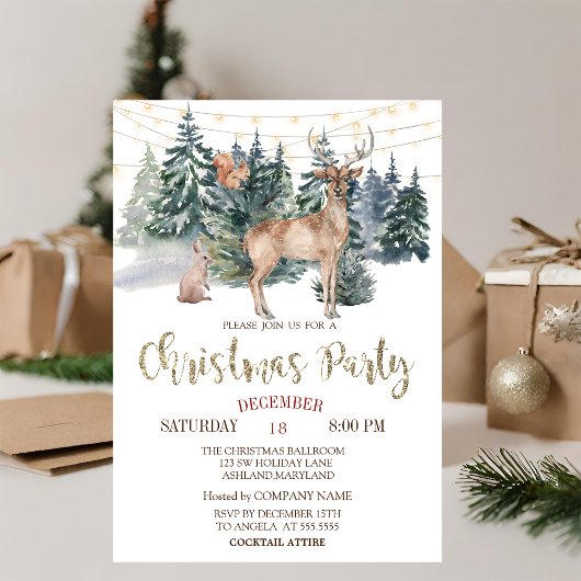 Watercolor Rendier, Bos Kerstfeest   Kaart