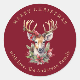 Watercolor Rendier Hulst Bessen Rood Kerstmis Ronde Sticker