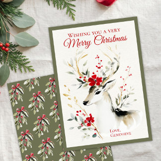 Watercolor Rendier Kerst Rood Bloemstuk Groen Feestdagenkaart