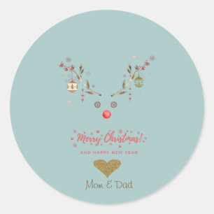 Watercolor Rendier Kerstballen Gouden Hart Ronde Sticker