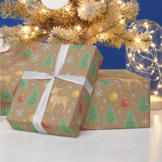 Watercolor Rendier & Kerstboom -  Cadeaupapier (Feestdagen)