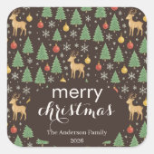 Watercolor Rendier & Kerstboom - Vierkante Sticker (Voorkant)