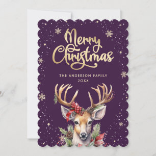 Watercolor Rendier Paars Goud Kerstkaart