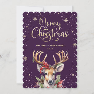 Watercolor Rendier Paars Goud Kerstkaart