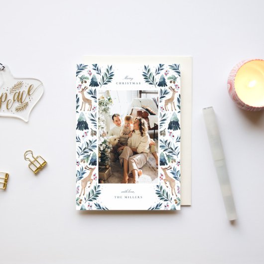 Watercolor Rendieren in het Bos Foto Feestdagenkaart