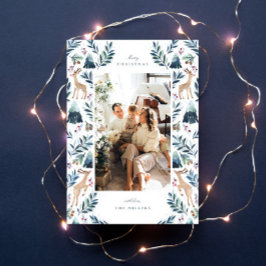 Watercolor Rendieren in het Bos Foto Feestdagenkaart