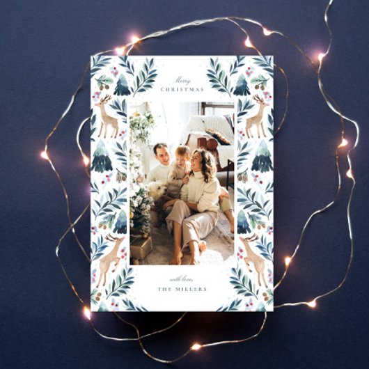 Watercolor Rendieren in het Bos Foto Feestdagenkaart