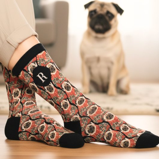 Watercolor Retro Monogram Sokken met Hondje Pug