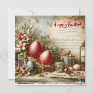 Watercolor retro rode paaseieren lente bloemen feestdagenkaart
