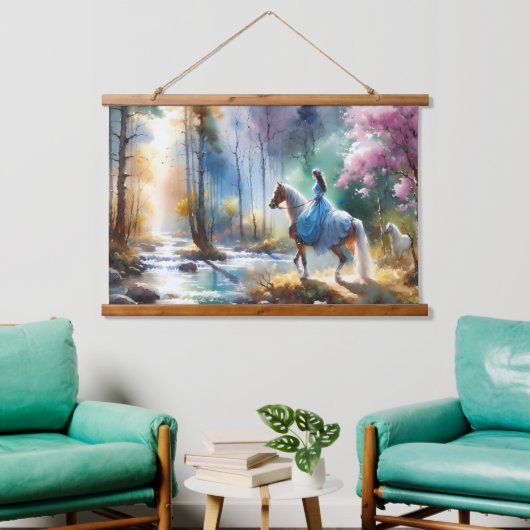 Watercolor River Horsewoman Forest Light Hangend Wandkleed (Woonkamer)