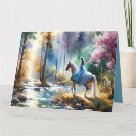 Watercolor River Horsewoman Forest Light Kaart