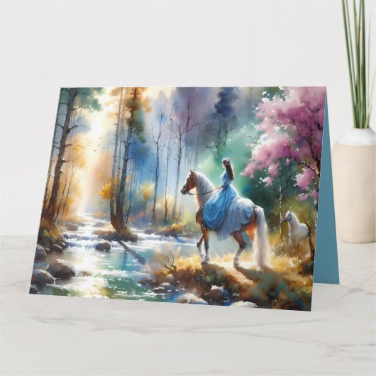 Watercolor River Horsewoman Forest Light Kaart (Voorkant)