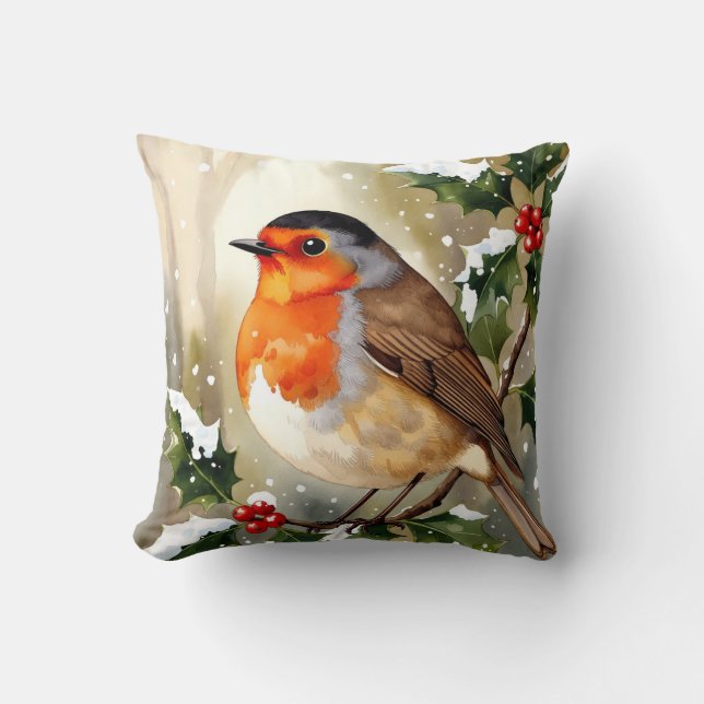 Watercolor Robin Christmas Design Kussen (Voorkant)