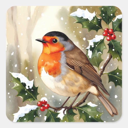 Watercolor Robin Christmas Design Vierkante Sticker (Voorkant)