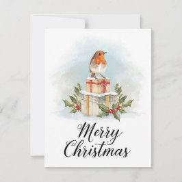 Watercolor Robin Gifts Holly Merry Christmas Feestdagenkaart