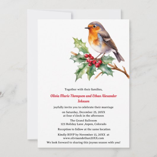 Watercolor Robin Kerst trouwuitnodiging Kaart (Voorkant)